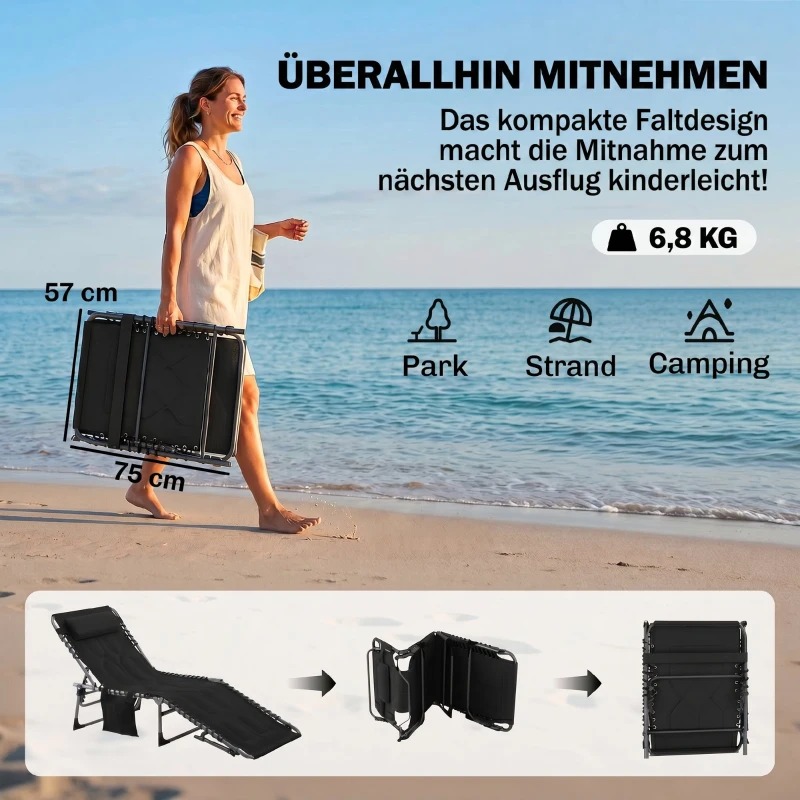 Outsunny opvouwbaar ligbed tuin ligbed met kussen tuin 5-traps verstelbare rugleuning staal Oxford stof zwart 188 x 57 x 30 cm