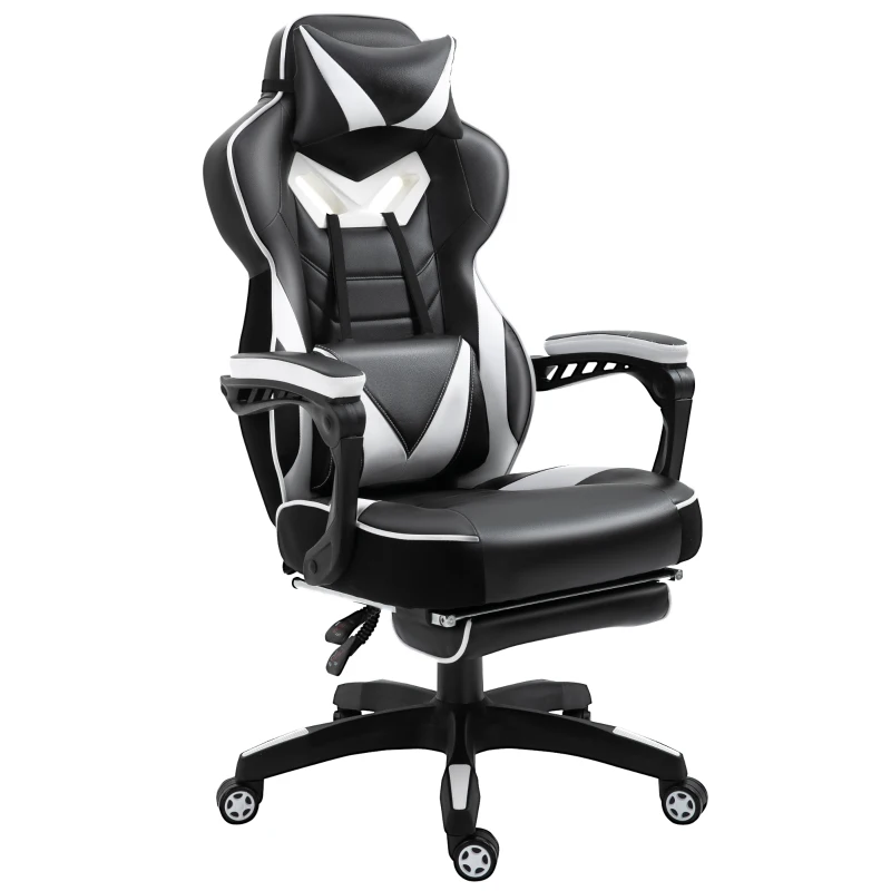 Vinsetto Chaise gaming Ergonomique, Fauteuil de Bureau confortable avec Repose-Pied, Appuie-Tête et coussin lombaire, Hauteur Réglable, noir et blanc