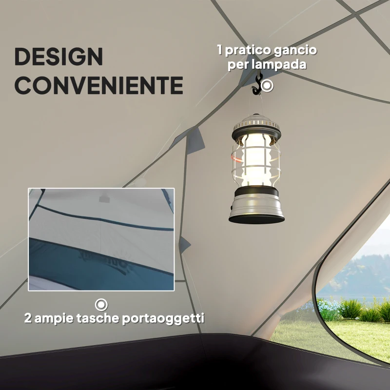 Outsunny Tenda da Campeggio 2 Posti con 2 Vestiboli, 2 Porte, 2 Finestre e Borsa di Trasporto, 2.8x2.25x1.1 cm, Beige