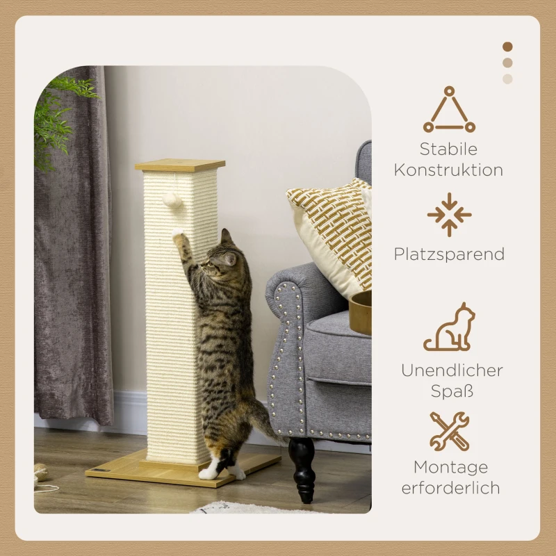 PawHut kattenboom, 80 cm, krabpaal voor katten met speelgoedbal, krabpaal van sisaltouw, krabpaal voor katten met krabplank, kattenmeubel, eiken+crèmewit