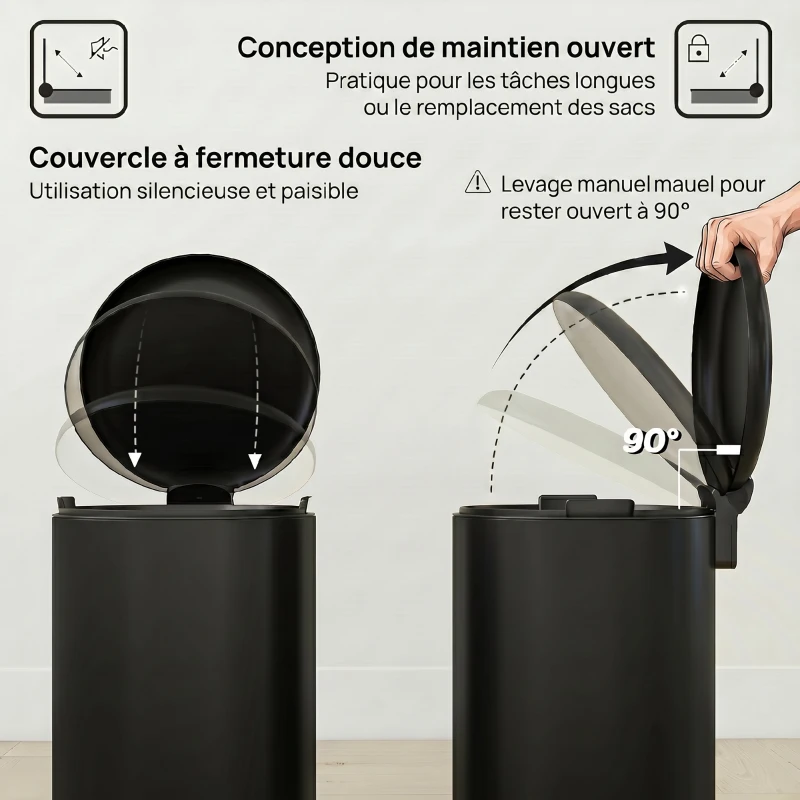 HOMCOM Poubelle de Cuisine 20 L en Métal, Poubelle à Pédale avec Couvercle à Fermeture Douce et Seau Amovible, Noir