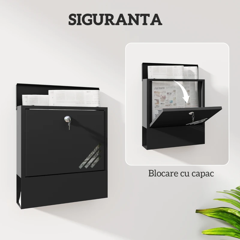 HOMCOM Cutie Poștală de Perete din Metal cu Fereastră și Serratura, 30x8.5x32.5 cm, Gri Carbon