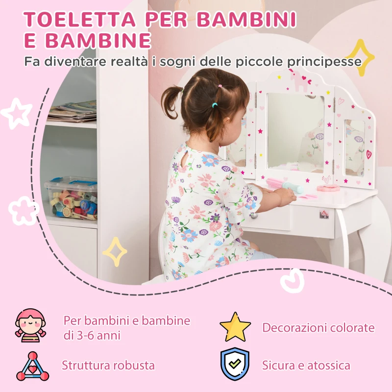 HOMCOM Toeletta per Bambini con Sgabello, Tavolo Trucco con Triplo Specchio e Cassetto, 63x40x85.5cm, Bianco