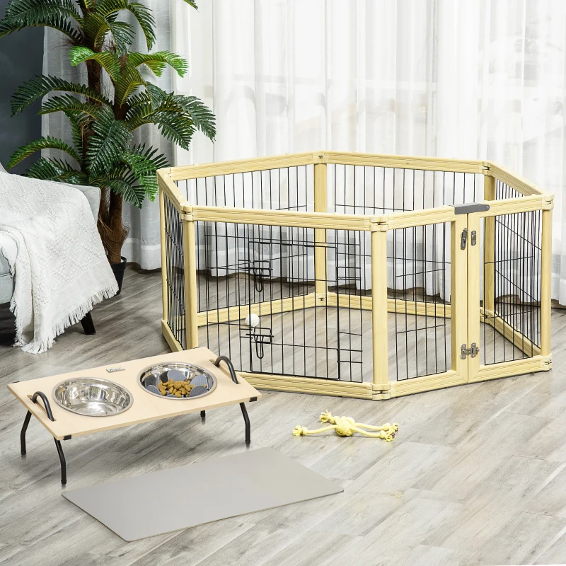 PawHut Parc enclos modulable et Gamelles chiens surélevées 6 panneaux porte verrouillable 2 bols amovibles chacun 1,1L et tapis