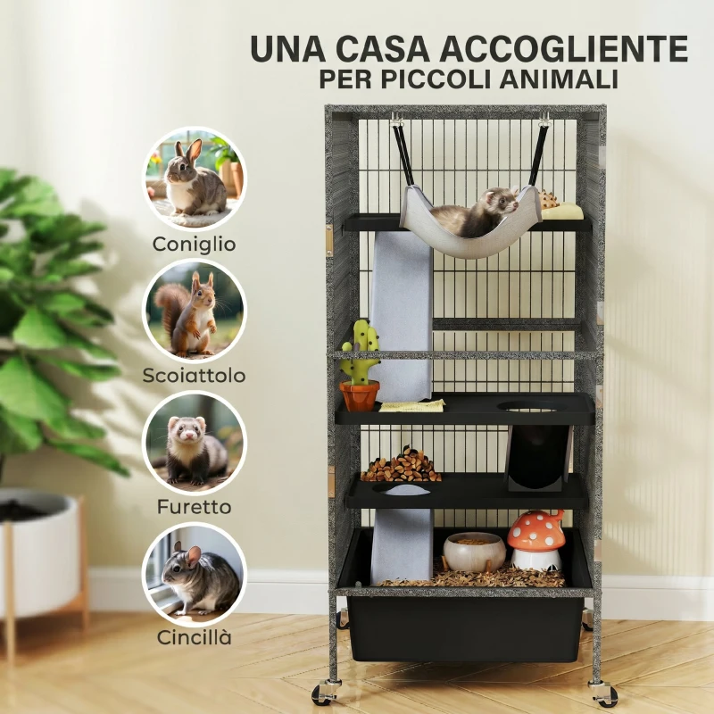 PawHut Gabbia per Piccoli Animali a 4 Livelli con Rampe, Piattaforme, Amaca e Ruote, 52x52x115 cm, Grigio