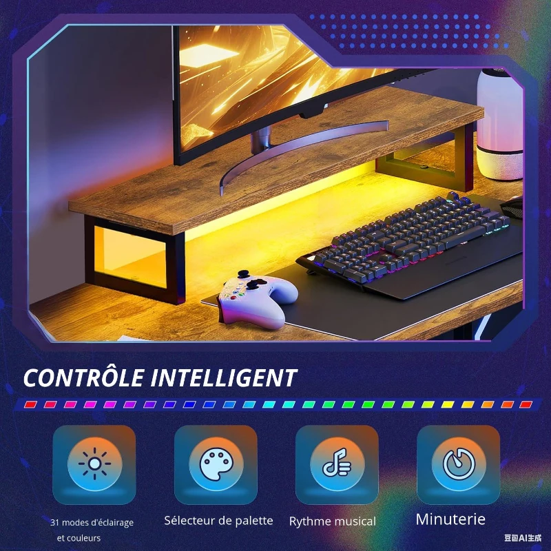Bureau d'angle gaming en L, structure métallique stable & plateau en bois, montage facile, 150x50x87,5 cm, marron