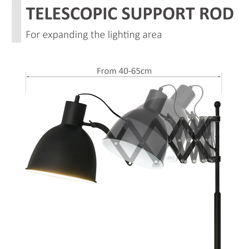 HOMCOM Lampada da Terra 140cm con Paralume Regolabile ed Estraibile, Base Rotonda, Interruttore a Pedale in Metallo Nero