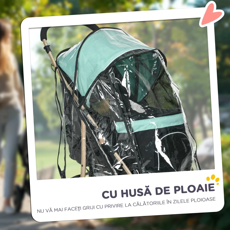 PawHut Cărucior pliabil pentru câini mici, cu husă de ploaie, coș și lesă integrată, verde