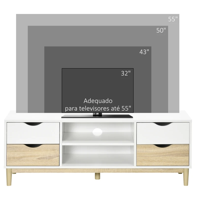 HOMCOM Móvel de TV para Televisores de até 55" com Prateleiras de Armazenamento e 4 Gavetas 120x40x44,5cm Branco e Carvalho