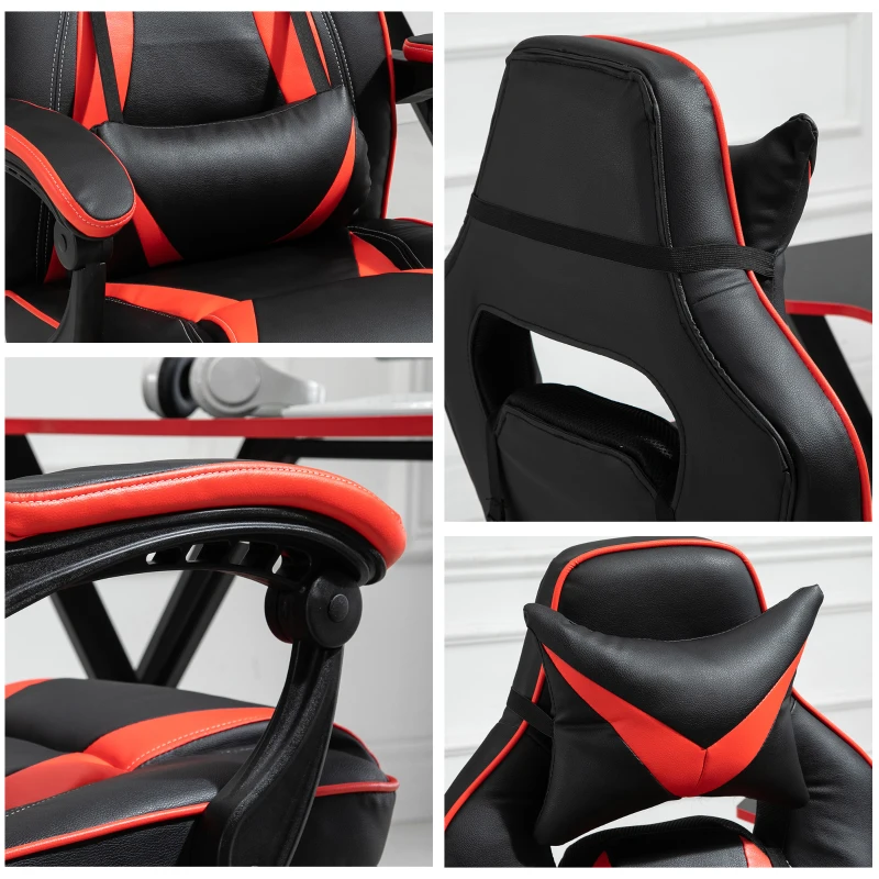 HOMCOM Chaise gaming Fauteuil Gamer Fauteuil de Bureau ergonomique avec support lombaire et Repose-Pieds revêtement synthétique Noir Rouge
