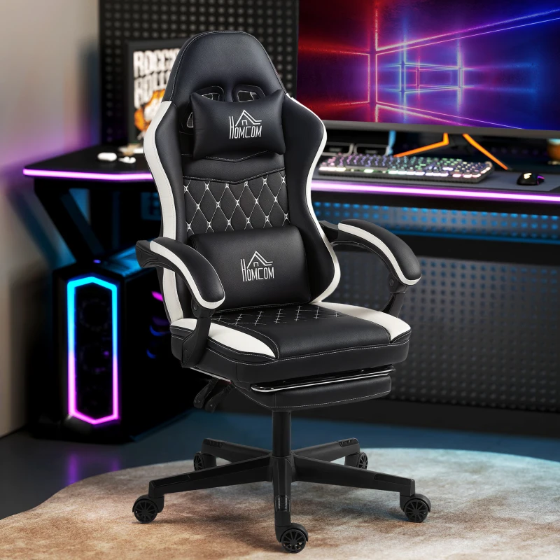 HOMCOM Gaming-Stoel met Voetensteun, Computerstoel met Hoofdkussen & Kussen, Kunstleer Bekleding, Draaibaar, Hoogte Verstelbaar, Metaal, Kunststof, Zwart+Wit