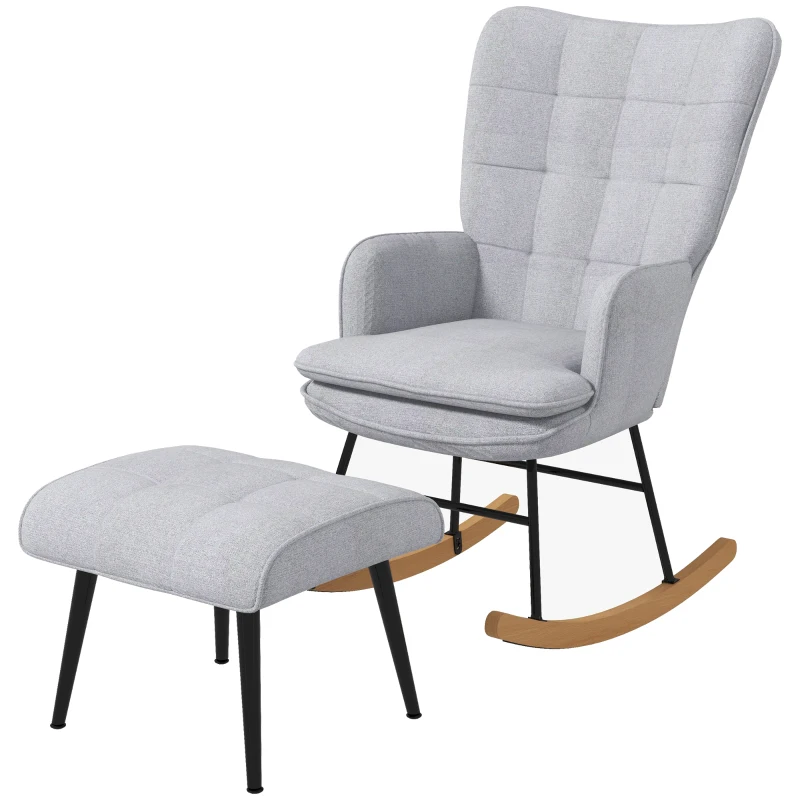 HOMCOM Schommelstoel met Voetenbank, Comfortabel, Tot 130 kg, Linnenlook, 64x89x90cm, Lichtgrijs