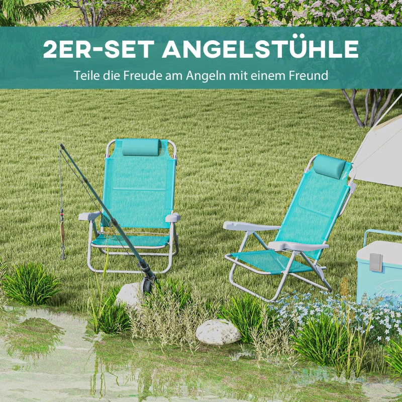 Outsunny 2-delige set inklapbare campingstoelen met 6-voudig verstelbare rugleuning en hoofdsteun, 62 x 65 x 80 cm, turquoise