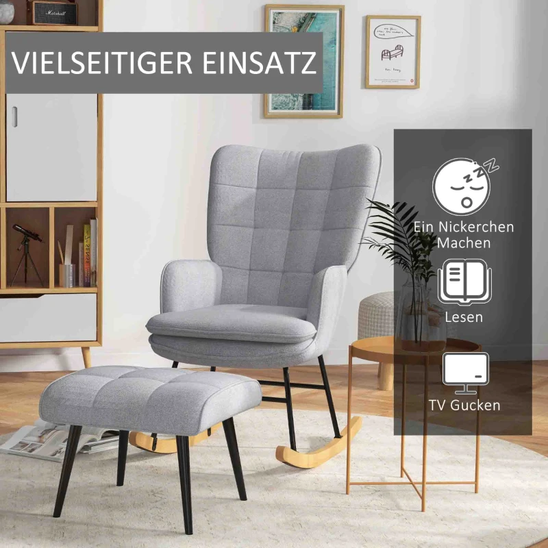 HOMCOM Schommelstoel met Voetenbank, Comfortabel, Tot 130 kg, Linnenlook, 64x89x90cm, Lichtgrijs