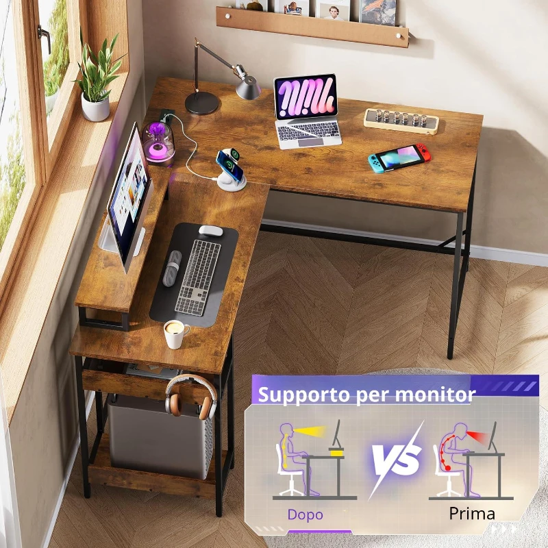 Scrivania angolare da gaming 2‑in‑1, trasformabile tra la compatta forma a L e la lunga forma a I, 140x50x87,5 cm, Marrone