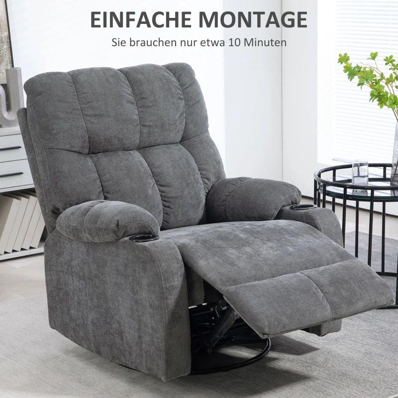 HOMCOM Relaxfauteuil met voetsteun, ligstoel, draaibaar, tot 150 kg, stalen frame, 88x96x108 cm, donkergrijs(m-7)