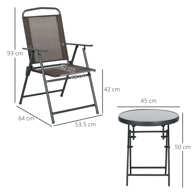 Outsunny Weerbestendige Metalen Bistroset 3-delig met Inklapbare Glastafel en Tuinstoelen - Bruin