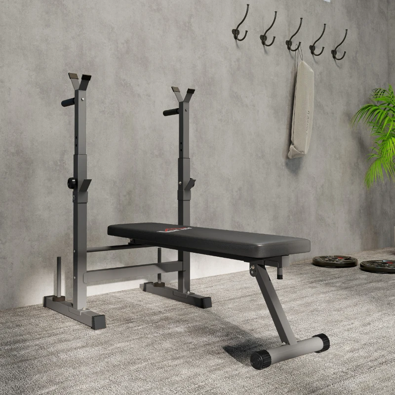 HOMCOM Halterbank, 8 posities, inklapbaar, stalen basis, gewatteerd, kunstleer, 98-122H x 140L x 73B cm, Zwart/Grijs
