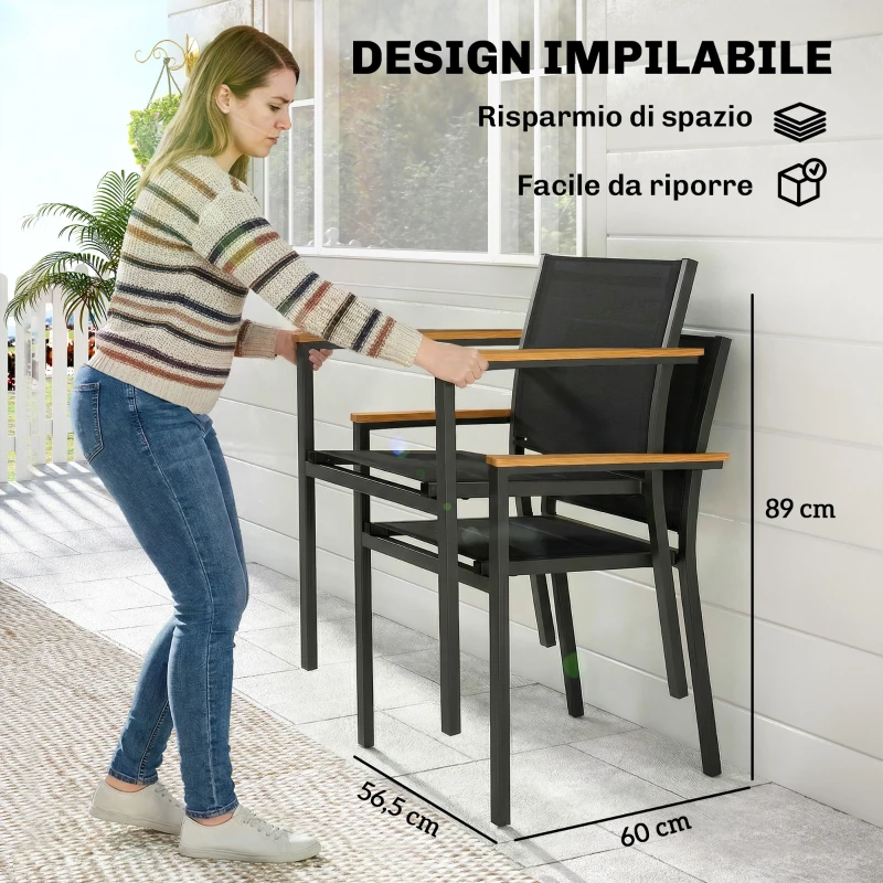 Outsunny Set 2 Sedie Giardino Impilabili con Seduta e Schienale Imbottiti, Grigio Scuro
