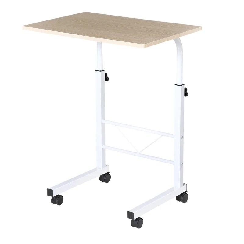 HOMCOM bijzettafel in hoogte verstelbare salontafel verrijdbaar bureau met wielen parkeerremmen C-vormige tafel spaanplaat staal ijzer kunststof wit esdoorn 60 x 40 x 68-78 cm