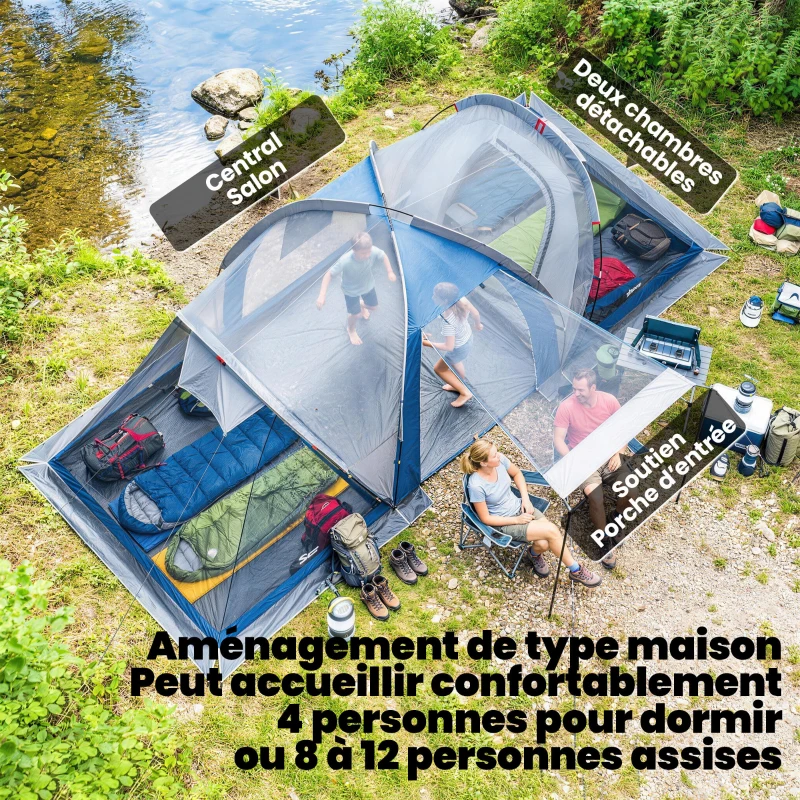 Outsunny Tente de Camping Double Couche Tunnel Familiale 4-5 Personnes 2 Chambres et Séjour pour 12 Personnes Bleu