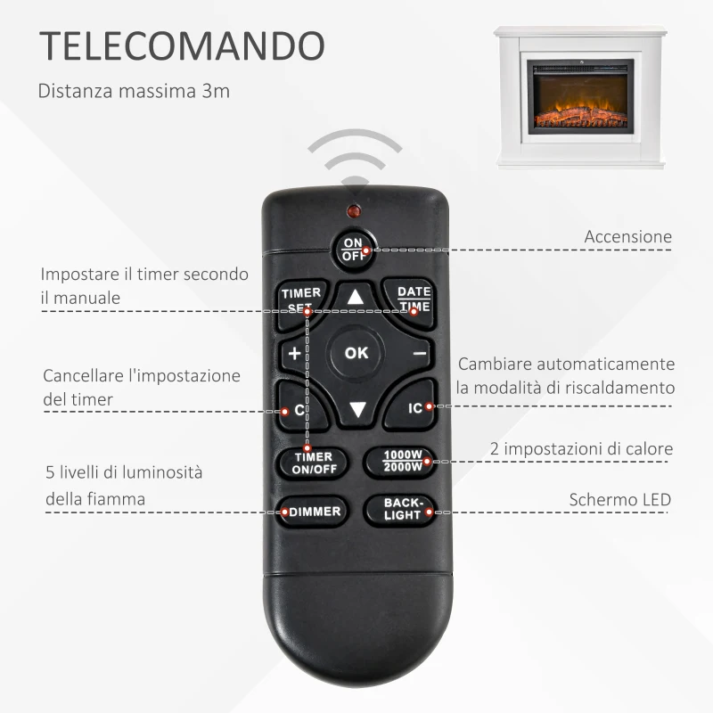 HOMCOM Camino Elettrico Effetto Fiamma Realistico con Cornice in Legno, Caminetto Elettrico con Termostato, Protezione da Surriscaldamento, Timer e Telecomando, 1000W e 2000W, 98x27.5x80cm, Bianco
