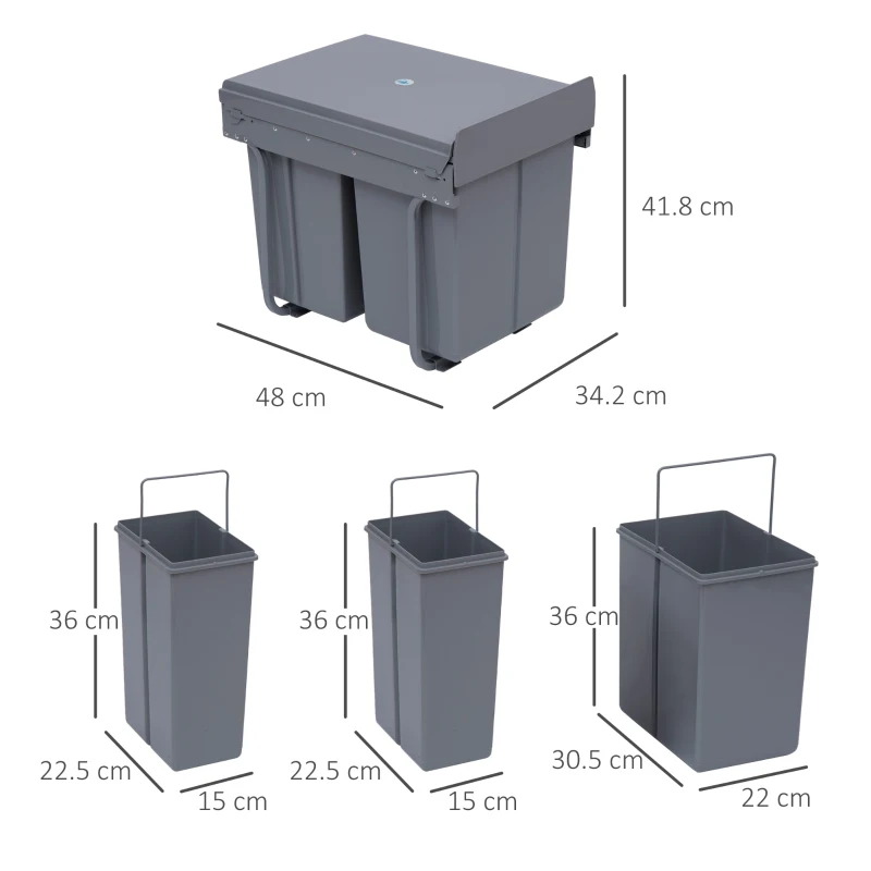 HOMCOM Pattumiera Estraibile da 40L con 3 Contenitori per Raccolta Differenziata, 48x34.2x41.8 cm, Grigio