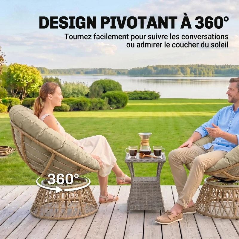 Outsunny Fauteuil papasan en rotin, fauteuil pivotant à 360° avec coussin rembourré, 85 x 70 x 82 cm, kaki