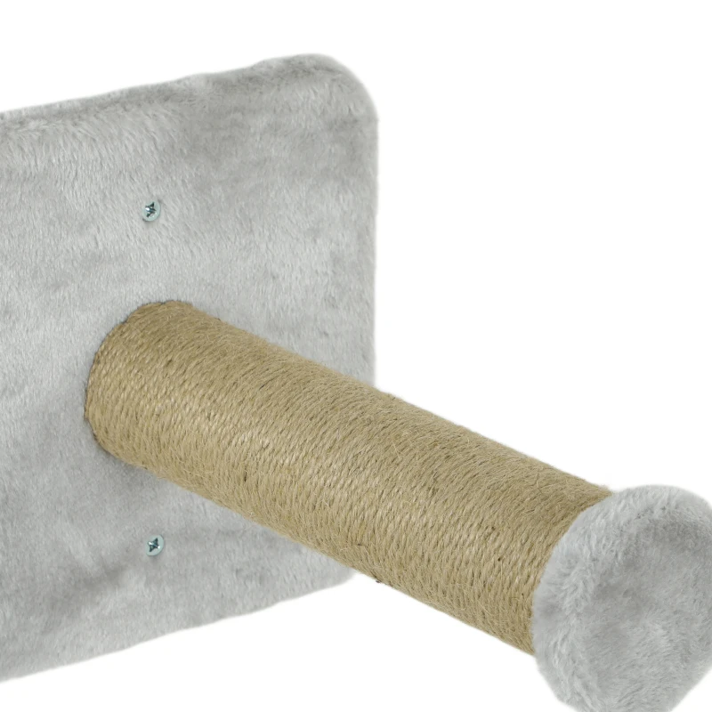 PawHut 5-delig wandgemonteerd klimset voor huiskatten met krabpalen, krabmat, kattenbed, speelballen, Lichtgrijs