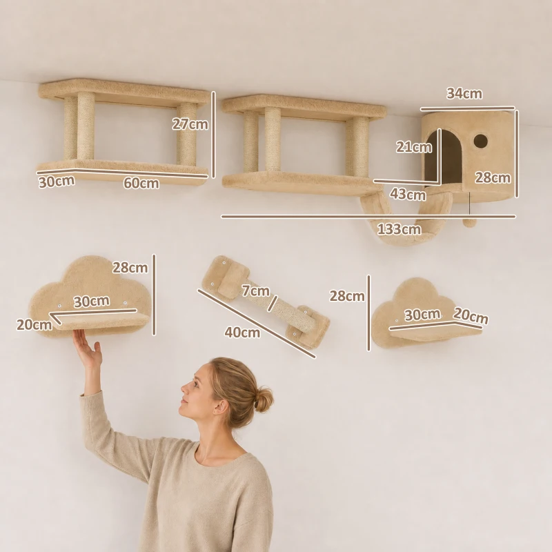PawHut 5-delig Katten Klimset met Krabpaal, Springplatformen, Ladder, Huis, Wandmontage, Beige