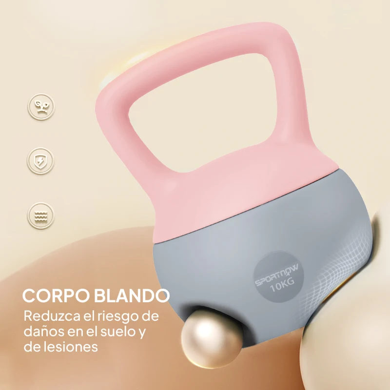 SPORTNOW Pesa Rusa 10 kg Kettlebell Relleno de Arena Metálica Mango Antideslizante para Entrenar en Casa 21x21x30cm Rosa y Gris