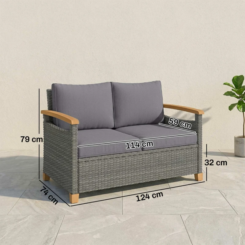 Outsunny 2 Seater Rattan Garden Sofa, Outdoor Sofa with Thickened Cushions and Acacia Wood Armrests, Dark Grey