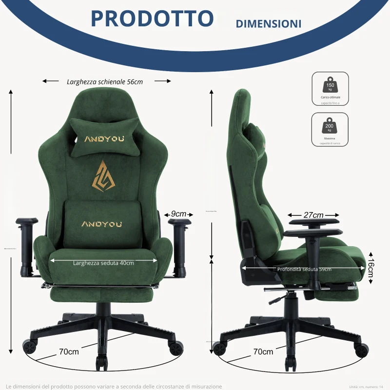Sedia gaming con poggiapiedi, similpelle scamosciata traspirante, regolabile in altezza con pistone a gas, girevole, 70x70x135 cm, Verde