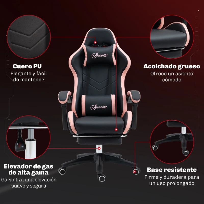 Vinsetto Silla Gaming Silla Gamer de Cuero PU Reclinable 135° Reposacabezas y Reposapiés 65x65x121-129 cm Negro y Rosa