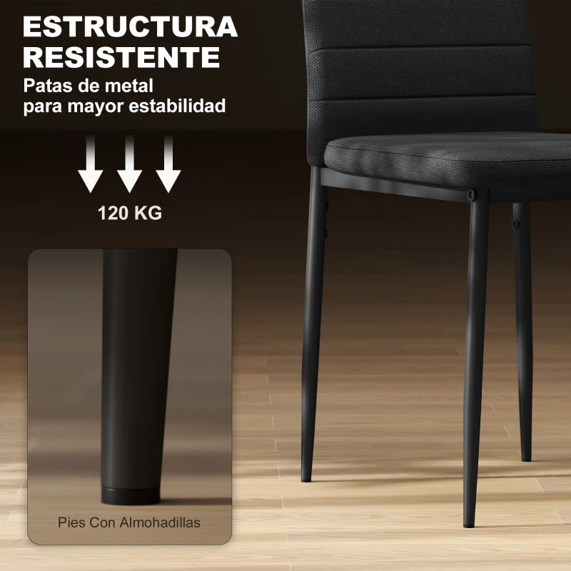 HOMCOM Pack de 6 Sillas de Comedor Modernas Tapizadas en Lino Sintético con Respaldo Alto y Patas de Metal 41x50x97 cm Negro