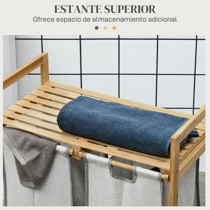 HOMCOM Cesto de la Ropa Sucia de Bambú con 2 Bolsas Extraíbles y Estante Carga 20kg 2x40,6L 64x33x73 cm Natural
