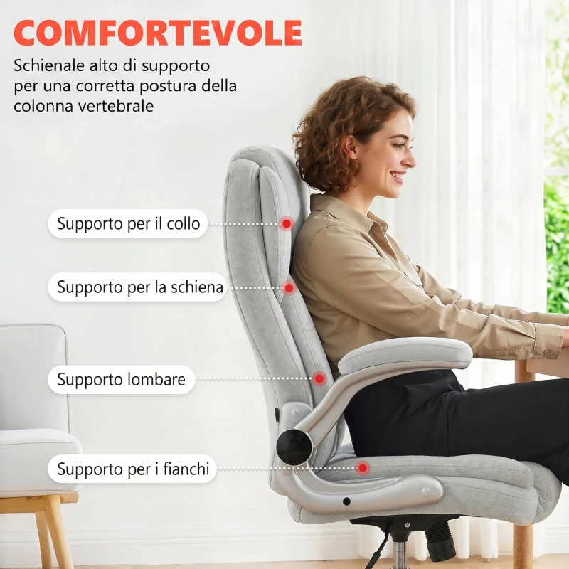 HOMCOM Sedia da Ufficio Ergonomica Effetto Velluto Bianco Crema con Braccioli Ribaltabili, 68x69x110-118 cm
