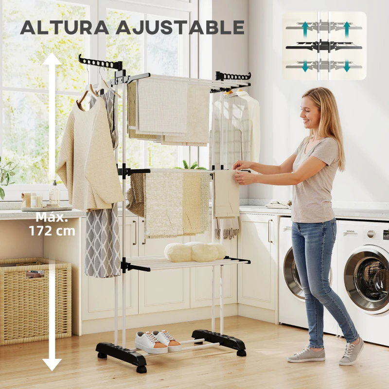HOMCOM Tendedero de Ropa Plegable con Ruedas 3 Niveles con Alas Plegables y Colgadores 125x64x172 cm Negro y Blanco