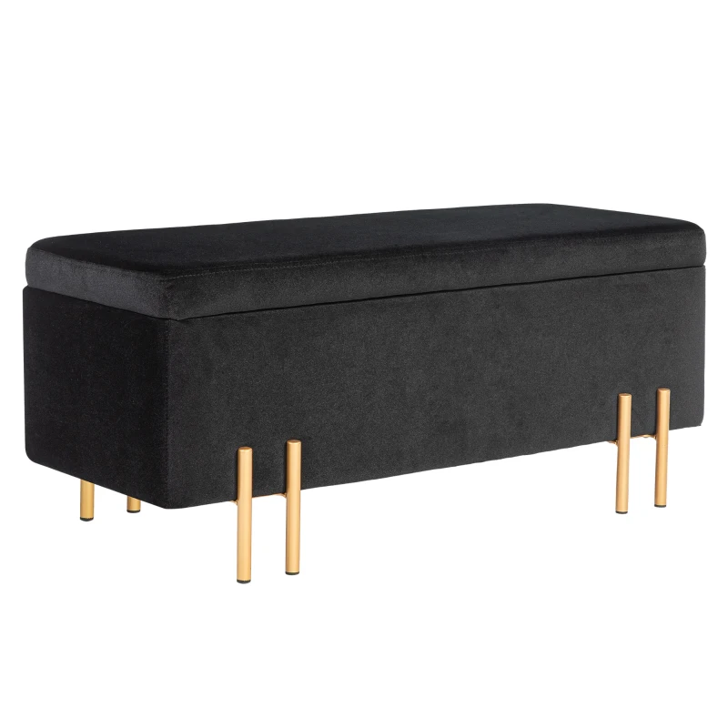 HOMCOM Zitbank, Gestoffeerde Bank met Opbergruimte, Metaal, Rubberhout, Schuimstof, 100 x 40 x 42 cm, Zwart