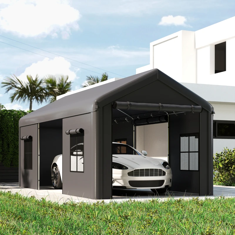 Outsunny 3 x 6 m Heavy Duty Carport, Portable Garage Car Canopy Tent with Galvanised Frame, Doors, Windows, Dark Grey