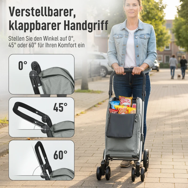 HOMCOM Boodschappentrolley, 46L tas, opvouwbare boodschappentrolley met koeltas, verstelbare handgreep, aluminiumframe, grijs(m-6)