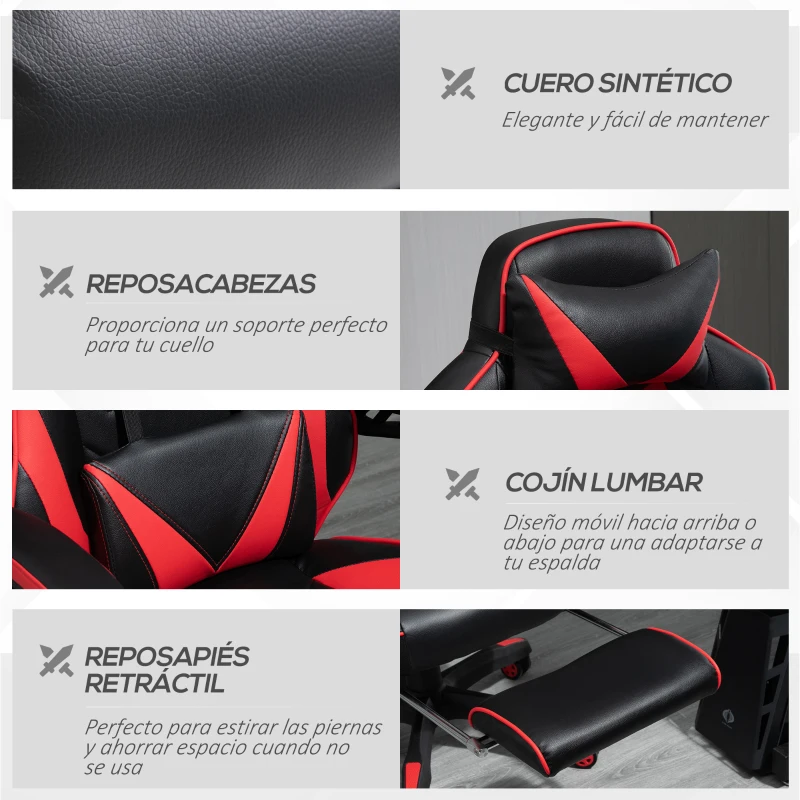 Vinsetto Silla Gaming Ergonómica Silla de Escritorio de Oficina Regulable en Altura Reclinable Respaldo 65x70x118,5-128,5cm Rojo