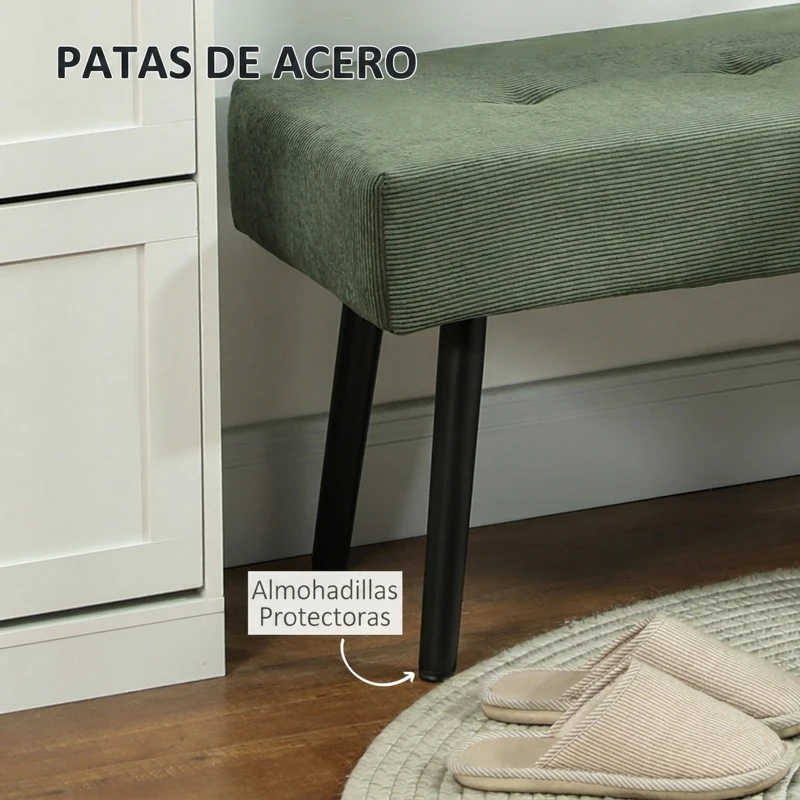 HOMCOM Banco Pie de Cama Tapizado en Pana con Asiento Acolchado Diseño Capitoné y Patas de Acero para Dormitorio Verde