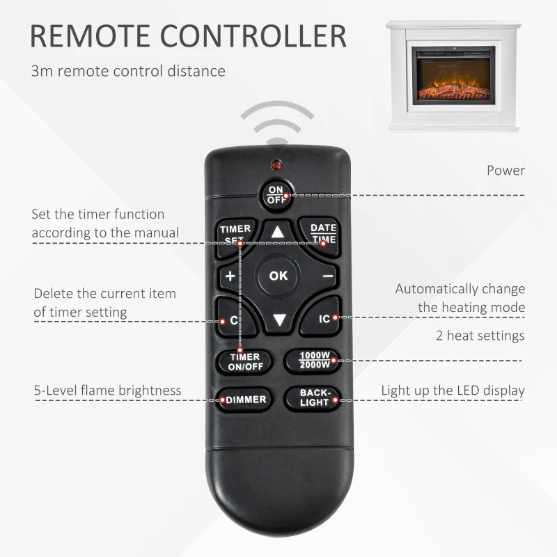 HOMCOM 39" Electric Fireplace Suite with Remote Control, 1kW/2kW Freestanding Fireplace Heater with LED Flame Effect, Overheat Protection, 7-day Programmable Timer