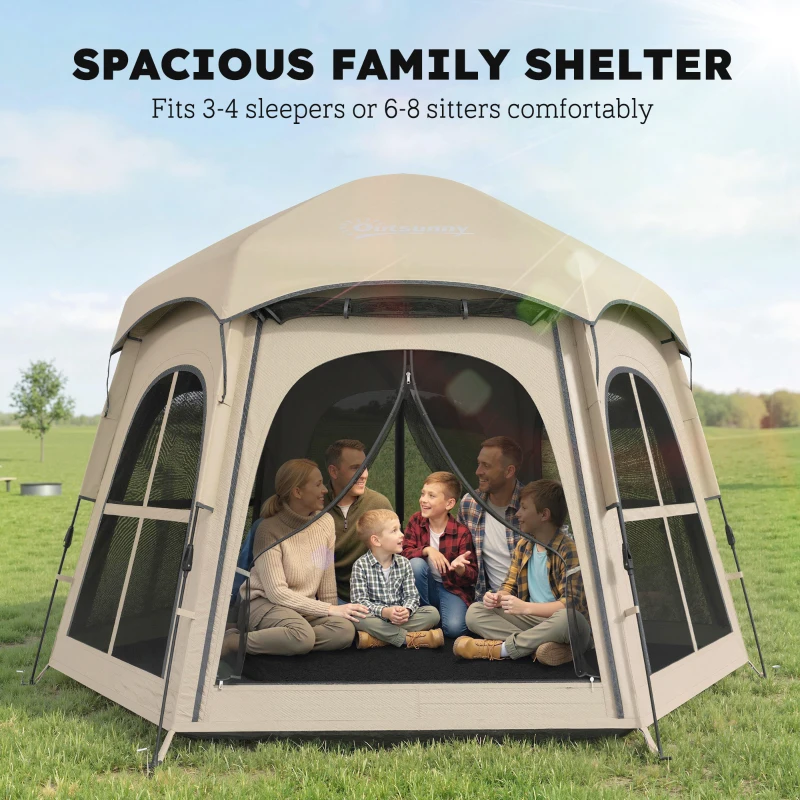 Outsunny Pop Up Tent 3000mm Waterproof Instant Camping Tent 3-4 Person with 2 Doors 4 Windows Khaki