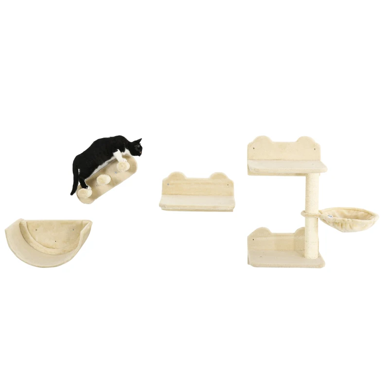 PawHut 4PCs Wall-Mounted Cat Shelves w/ Scratching Post, Hammock, Nest - Beige