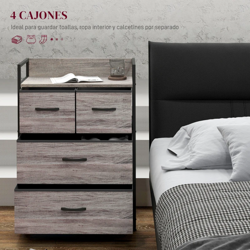HOMCOM Cómoda con 4 Cajones de Tela Plegables Industrial Estante Abierto Marco de Acero Cajonera para Espacios Pequeños Gris