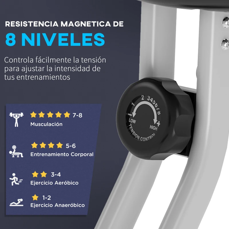 HOMCOM Bicicleta Estática Plegable con Respaldo 8 Niveles de Resistencia Volante Pantalla LCD Pulsómetro y Sillín Ajustable