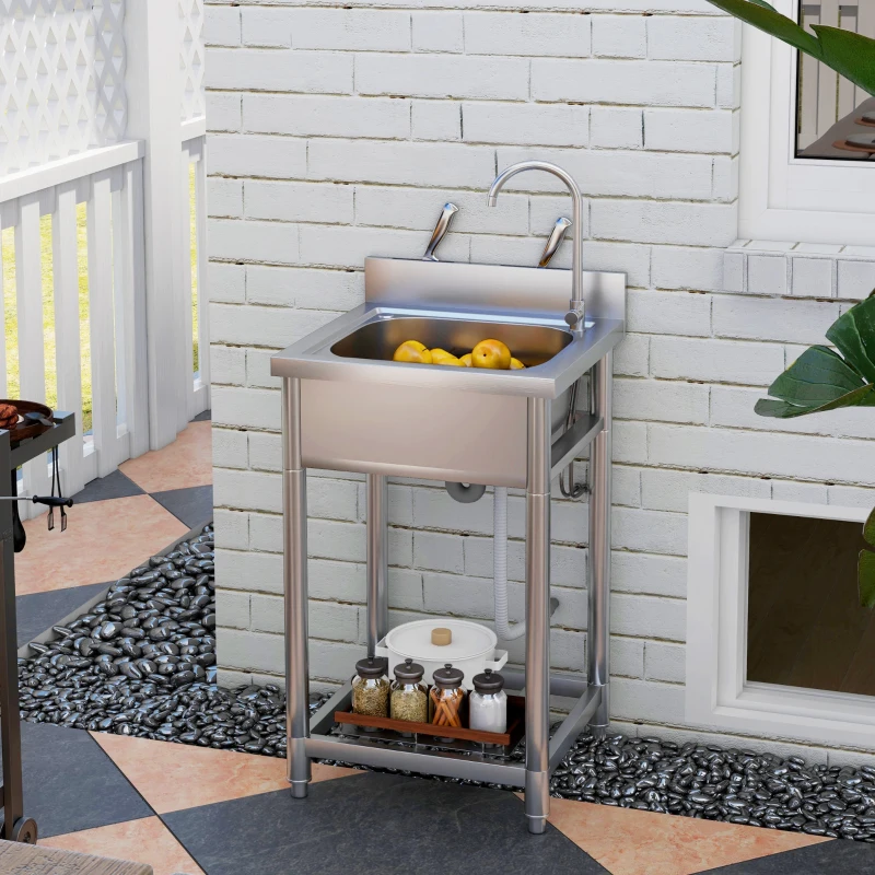 HOMCOM Outdoor Utility Sink, Stainless Steel Free Standing Single Bowl Kitchen Sink with Cold and Hot Water Pipe and Storage Shelf for Laundry Garage, 55 x 50 x 100 cm