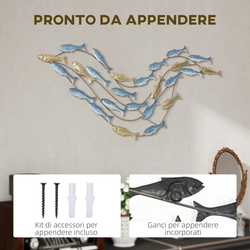 HOMCOM Wall Art Banco di Pesci in Metallo con Viti Incluse, 99.7x3.8x50.2 cm, Oro e Blu